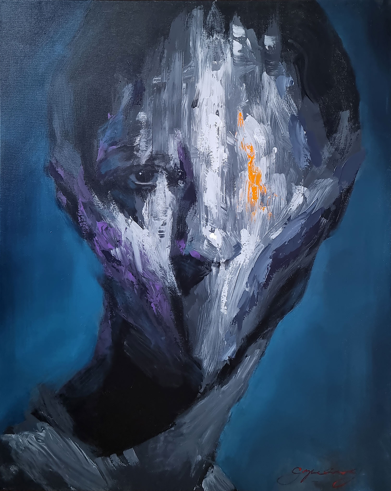 Abstract portrait painting with black base and vibrant colored brushstrokes expressing intense emotions