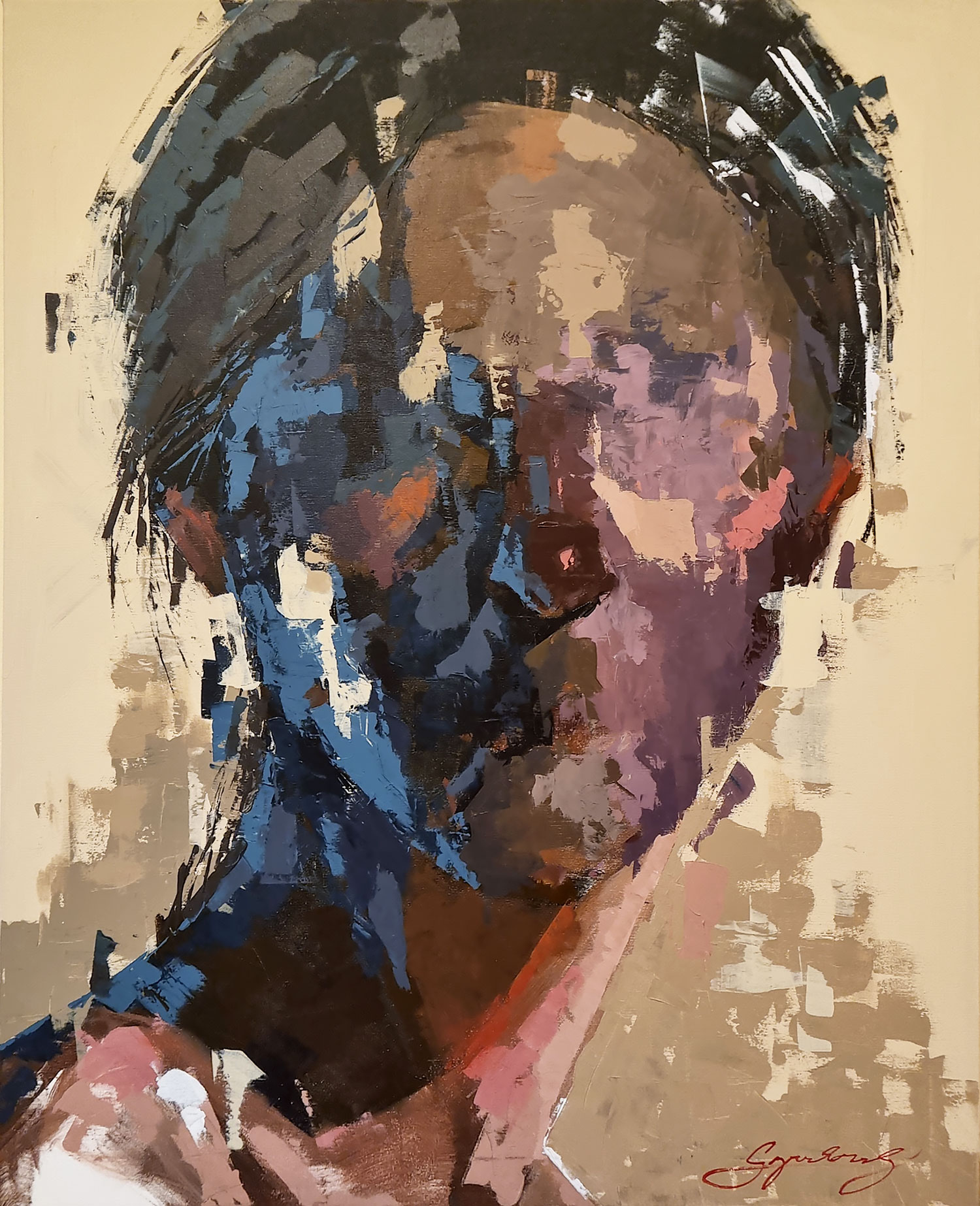 Abstract portrait painting with black base and vibrant colored brushstrokes expressing intense emotions