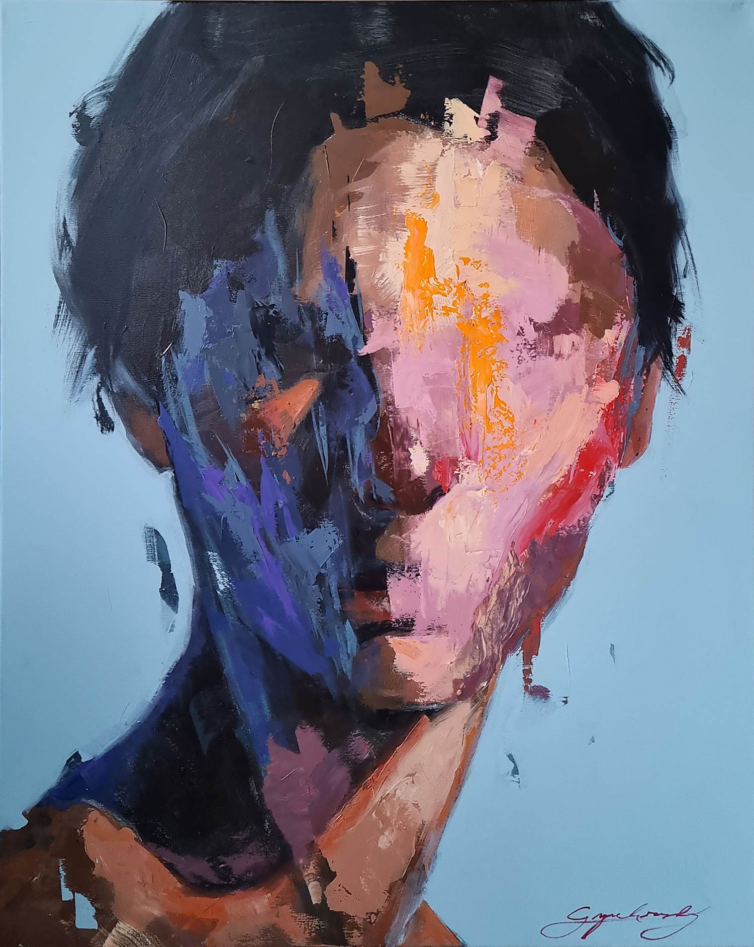 Abstract portrait painting with black base and vibrant colored brushstrokes expressing intense emotions