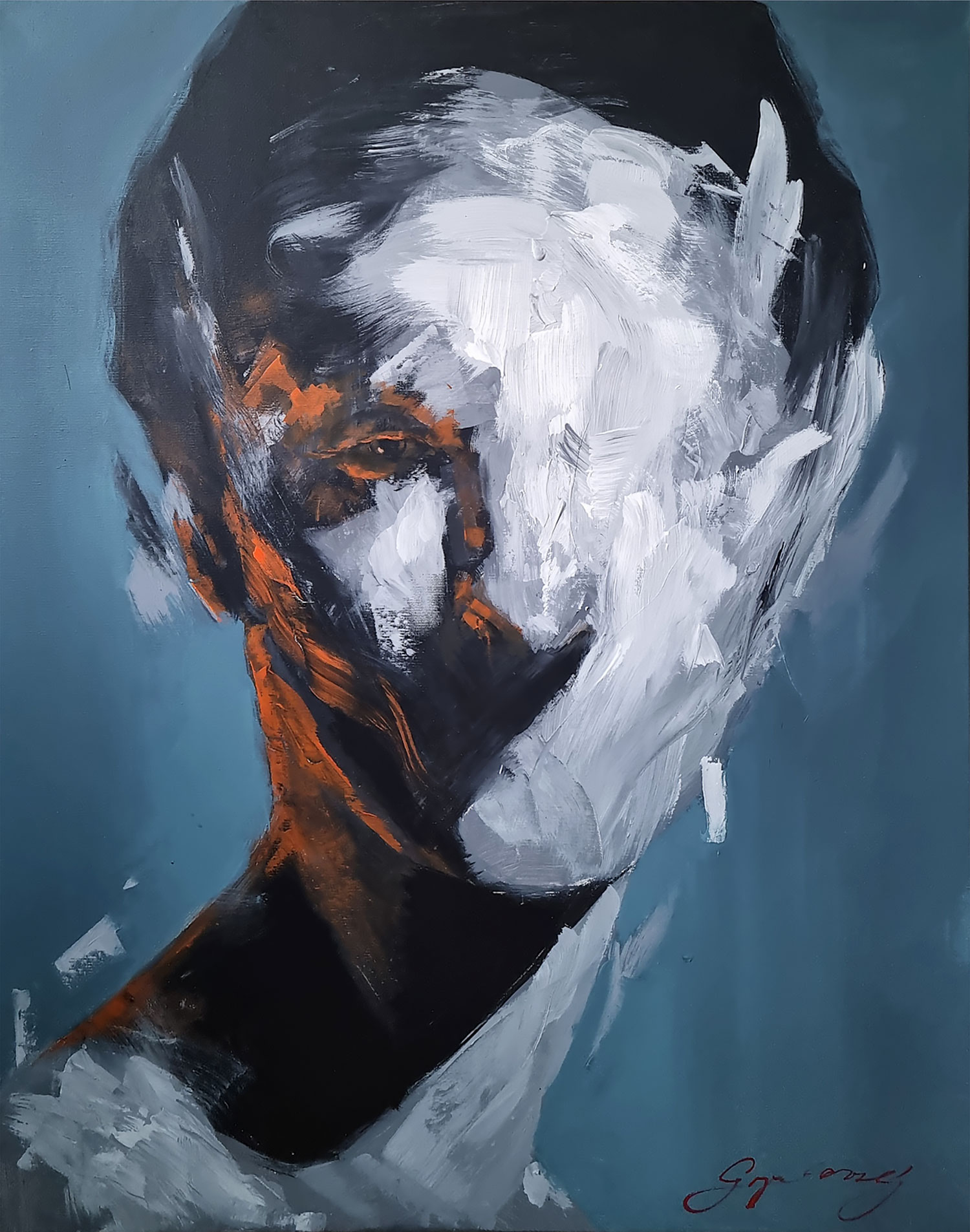 Abstract portrait painting with black base and vibrant colored brushstrokes expressing intense emotions