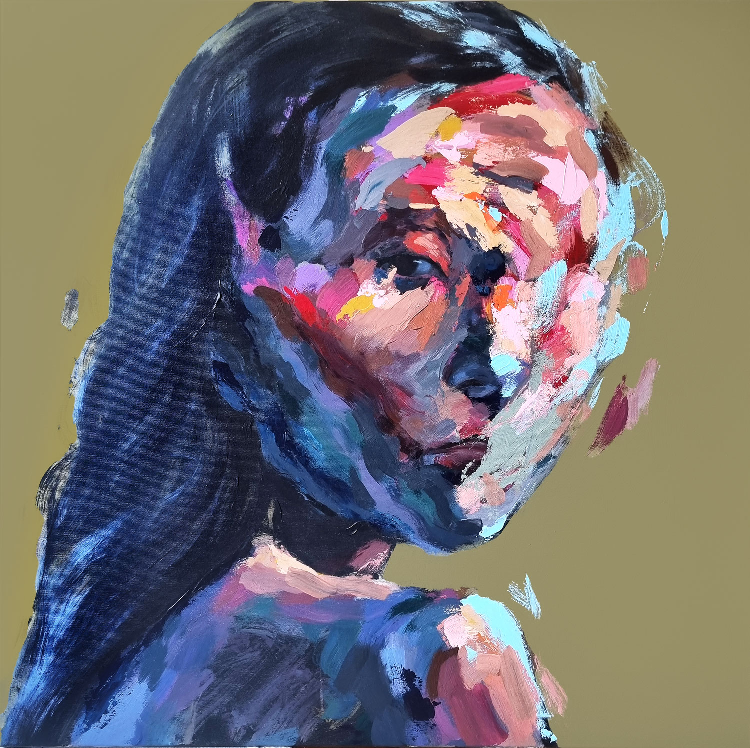 Abstract portrait painting with black base and vibrant colored brushstrokes expressing intense emotions