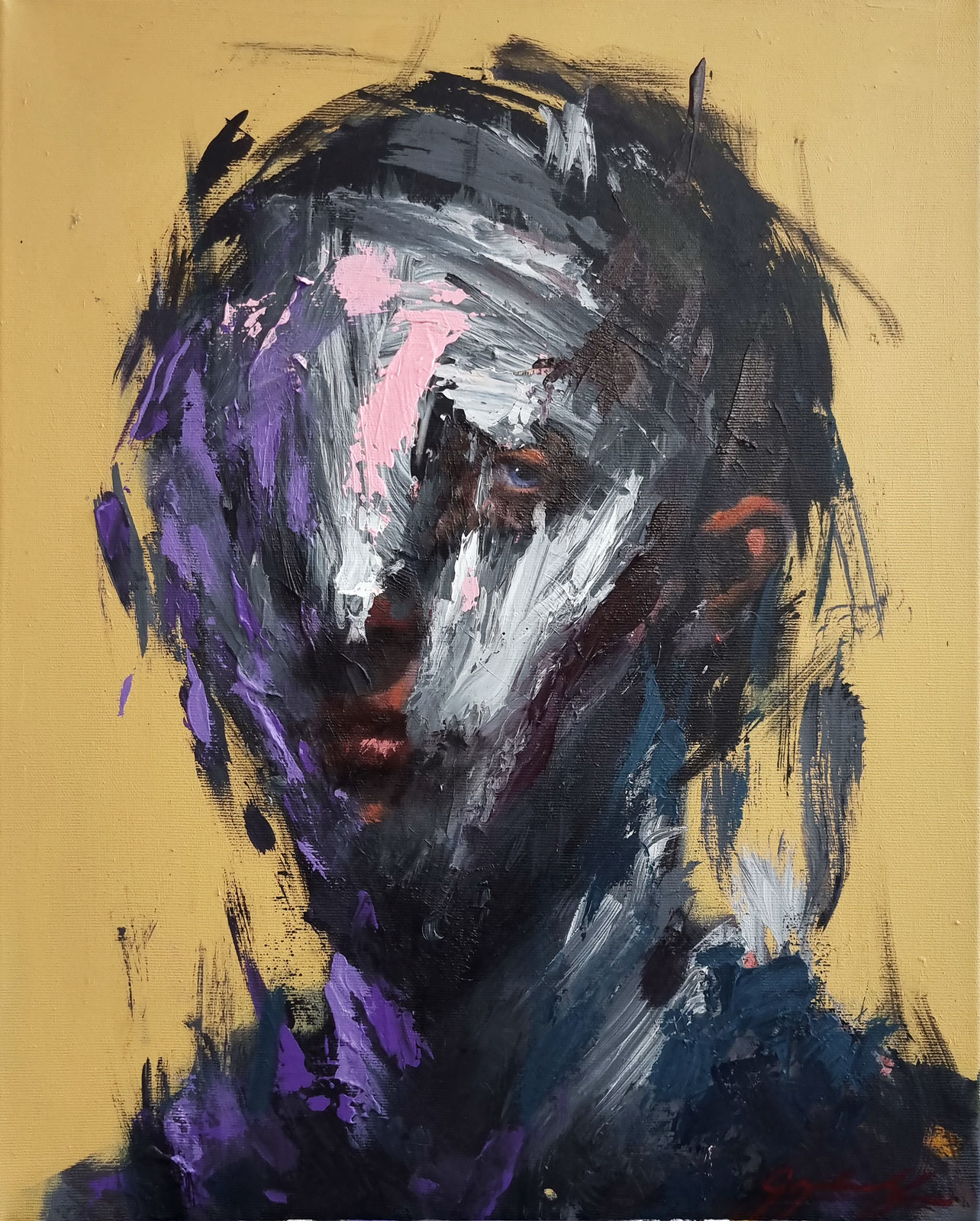 Abstract portrait painting with black base and vibrant colored brushstrokes expressing intense emotions