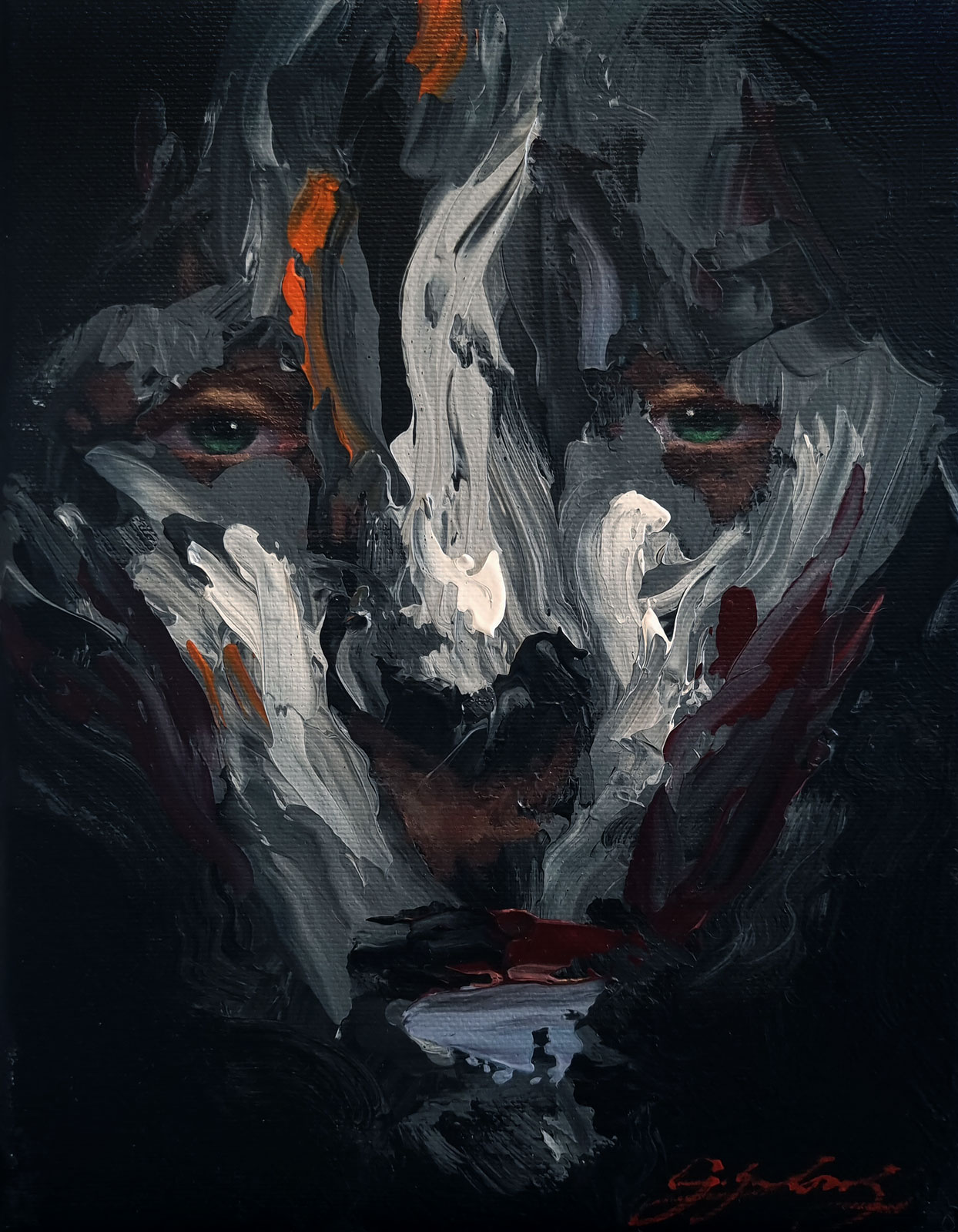Abstract portrait painting with black base and vibrant colored brushstrokes expressing intense emotions