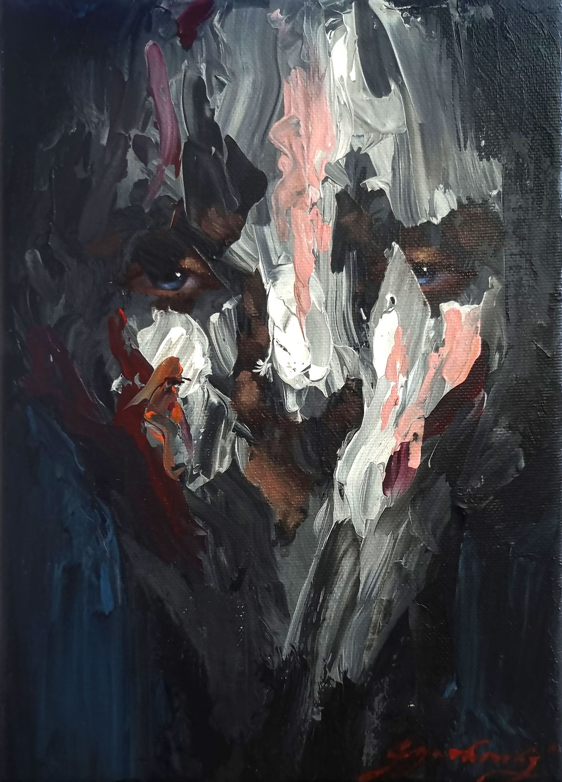 Abstract portrait painting with black base and vibrant colored brushstrokes expressing intense emotions