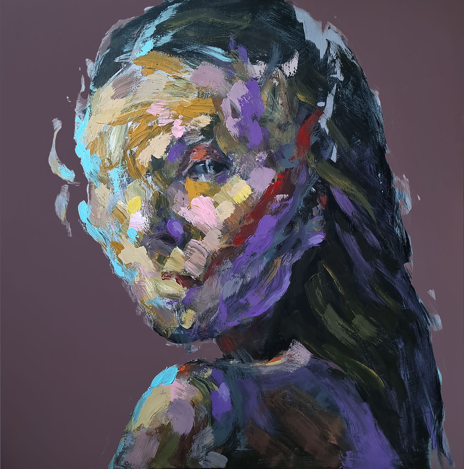 Abstract portrait painting with black base and vibrant colored brushstrokes expressing intense emotions