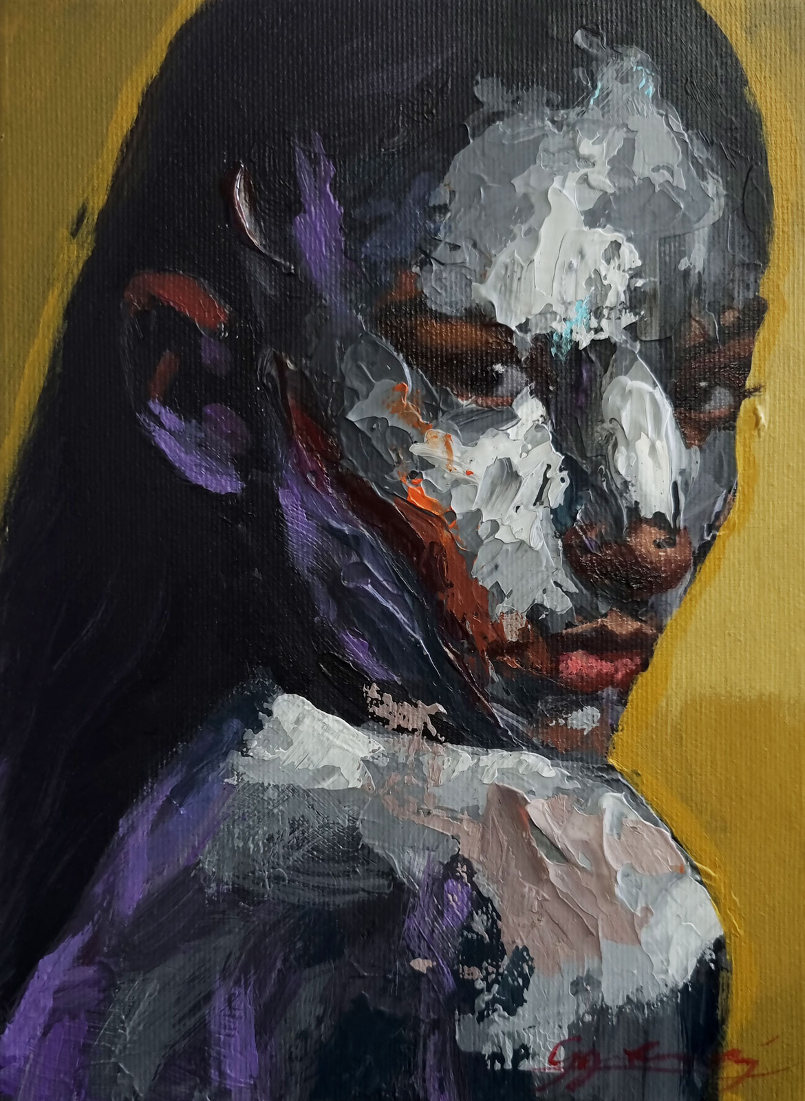Abstract portrait painting with black base and vibrant colored brushstrokes expressing intense emotions
