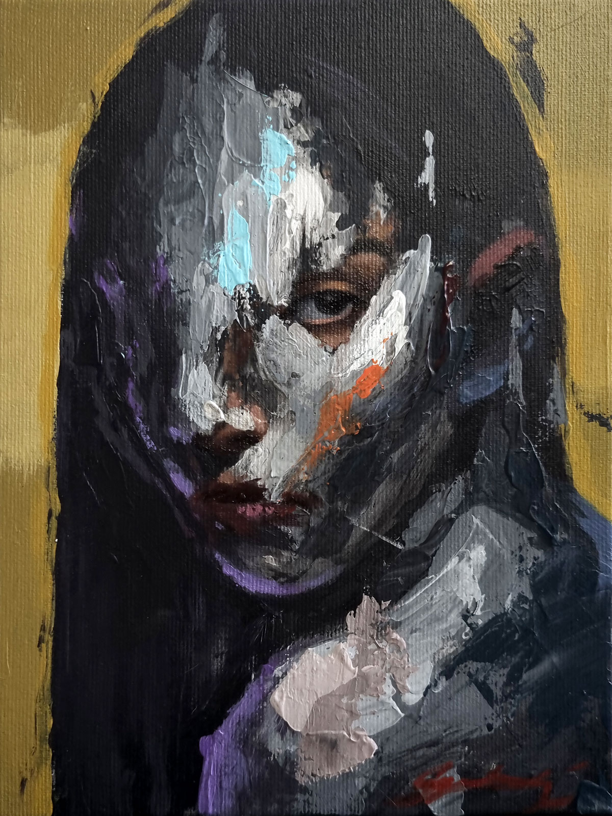 Abstract portrait painting with black base and vibrant colored brushstrokes expressing intense emotions