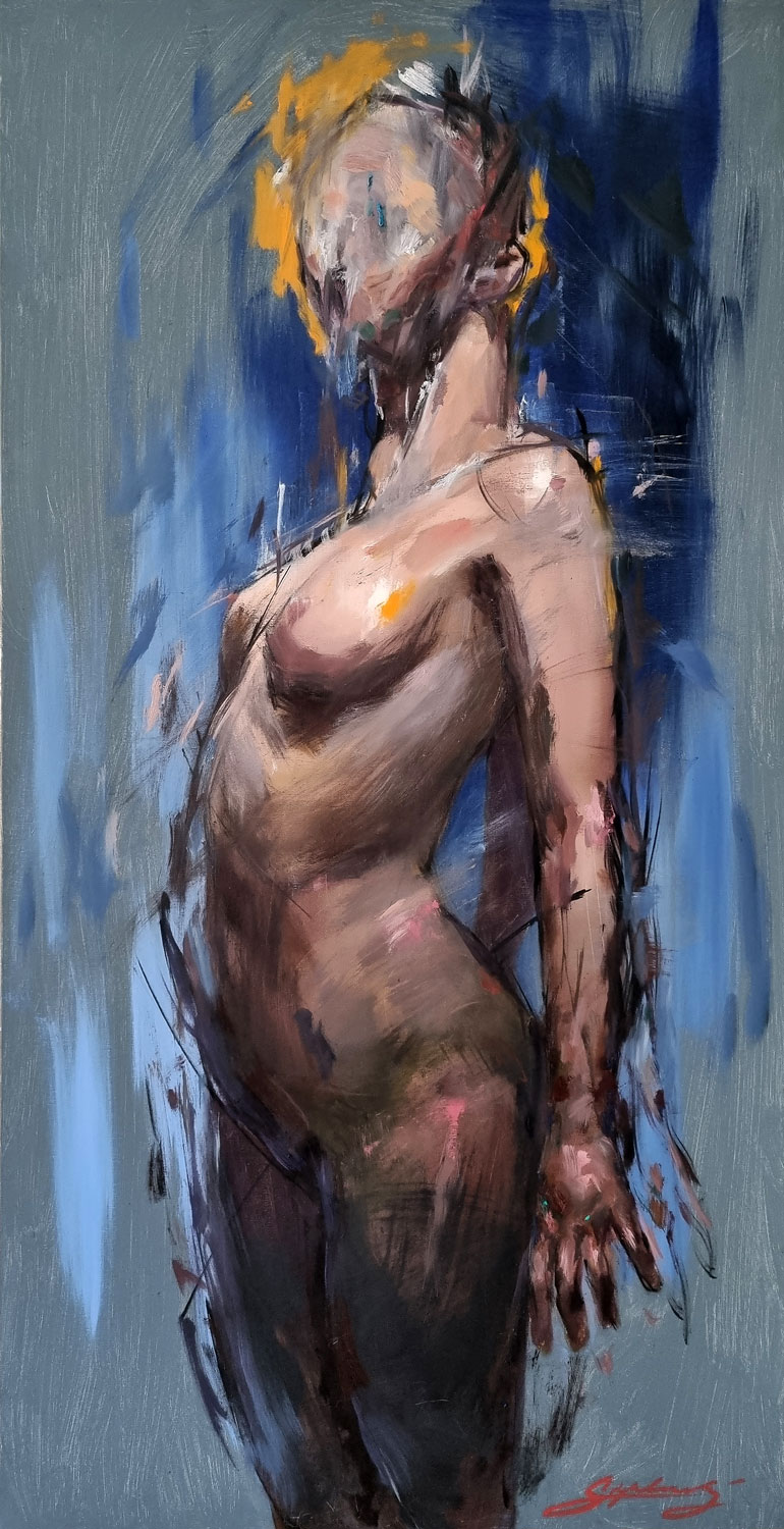 Abstract portrait painting with black base and vibrant colored brushstrokes expressing intense emotions